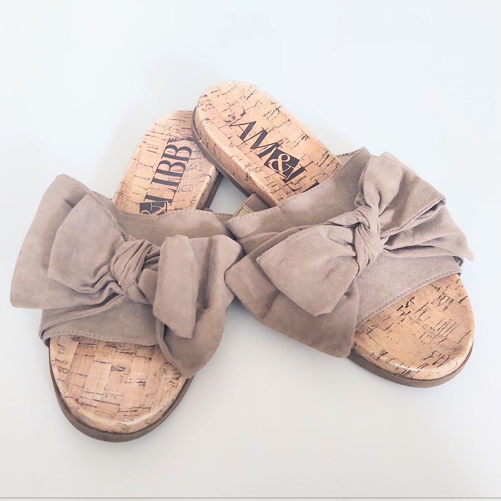 Sam & Libby Velvet Bow Flat Cord Slide Sandals Brown Womens Size 8